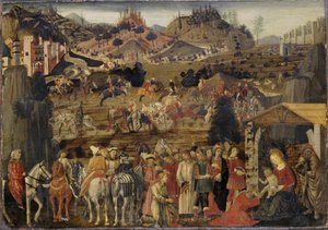 मागी का आराधन, c.1480 (देवदार की लकड़ी पर तड़का)