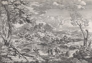 बुध को बृहस्पति का चील दिखाते हुए एक आदमी के साथ लैंडस्केप, सीए। 1695-99।