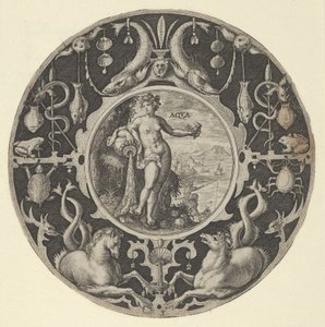 समुद्री जीवों के साथ एक सजावटी सीमा में 'एक्वा', 1590-1612 में परिपत्र डिजाइनों की एक श्रृंखला से।