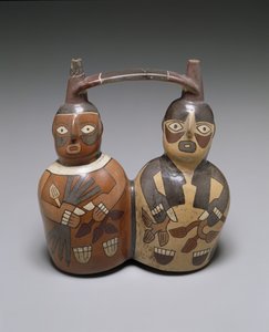 डबल-टोंटी पट्टा-संभाल पोत: दो आंकड़े, मध्य Nazca, 100-150 ईस्वी (पर्ची के साथ सिरेमिक) द्वारा संस्कृति नाजका