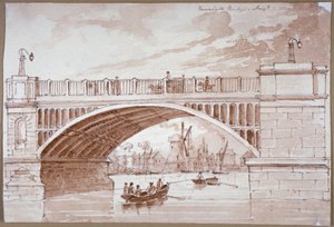 वॉक्सहॉल ब्रिज, लंदन, 1820 के नीचे से गुजरने वाली एक छोटी नाव का दृश्य। द्वारा डीएचसी