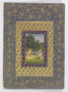 लैला रीडिंग टू मजनून, जो एक पेड़ के नीचे एक कमल कुंड, दिल्ली, c.1720-40 द्वारा बैठता है द्वारा दाल चंद