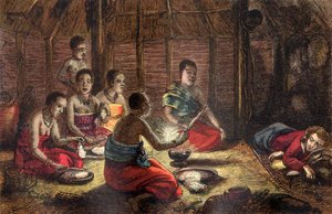 मुंगो पार्क, सेगो में एक मूल निवासी की झोपड़ी में विश्राम, 1796 (रंगीन लकड़बग्घा) द्वारा Dalziel ब्रदर्स