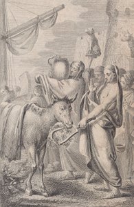 एक जहाज के पास दाईं ओर के आंकड़े, कुछ जानवरों को अपने सिर पर पकड़े हुए, बाईं ओर एक घोड़ा, 1783 द्वारा डेनियल बर्जर