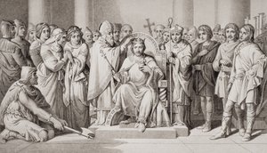 हेरोल्ड II का राज्याभिषेक (c.1022-66) 1066 ई। में एंग्लो-सैक्सन का राजा, &39;अंग्रेजी और स्कॉटिश इतिहास का चित्रण&39; खंड I द्वारा डेनियल मैक्लिज़