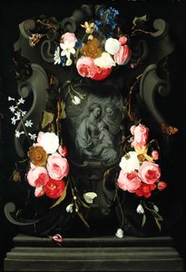 पवित्र परिवार के साथ फूल माला, 1625-27 (तांबे पर तेल)
