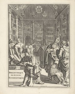 पादरी के साथ लाइब्रेरी का आंतरिक भाग: Bibliotheque des Auteurs Ecclesiastiques का शीर्षक पृष्ठ, बिना दिनांक के द्वारा डेनियल डे पेनिंगन से मिले