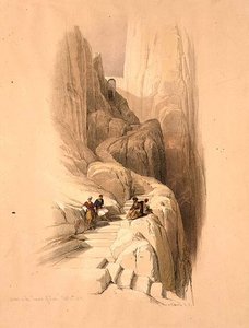 सिनाई के शिखर सम्मेलन के लिए चढ़ाई, 20 फरवरी 1839, 'द होली लैंड' के खंड III से प्लेट 115, लुई हाघे (1806-85) पब द्वारा उकेरा गया। 1849 (लिथो) द्वारा डेविड (बाद में) रॉबर्ट्स