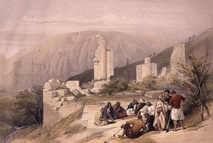 पेट्रा में एक विजयी आर्क के अवशेष, 8 मार्च 1839, 'द होली लैंड' के खंड III से प्लेट 100, लुई हाघे (1806-85) पब द्वारा उकेरा गया। 1849 (लिथो) द्वारा डेविड (बाद में) रॉबर्ट्स