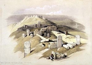 गेबेल गारबे पर मंदिर, जिसे सुरबित एल खादिम कहा जाता है, 17 फरवरी 1839, लुई हाघे (1806-85) पब द्वारा उकेरी गई 'द होली लैंड' के खंड III से प्लेट 119। 1849 (लिथो)