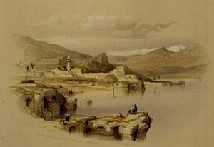 तिबरियास फ्रॉम द वॉल्स, सैफेट इन द डिस्टेंस, 22 अप्रैल 1839, प्लेट 37 'द होली लैंड' के खंड I से, लुई हाघे (1806-85) पब द्वारा उकेरा गया। 1842 (लिथो) द्वारा डेविड (बाद में) रॉबर्ट्स