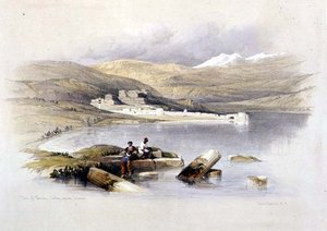 लेबनान की ओर देख रहे तिबरियास शहर, लुई हाघे (1806-85) पब द्वारा उकेरी गई 'द होली लैंड' के खंड I से प्लेट 35। 1842 (लिथो) द्वारा डेविड (बाद में) रॉबर्ट्स
