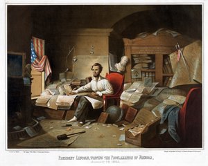 राष्ट्रपति लिंकन, स्वतंत्रता की उद्घोषणा लिखते हुए, पहली जनवरी, 1863, पब। 1864