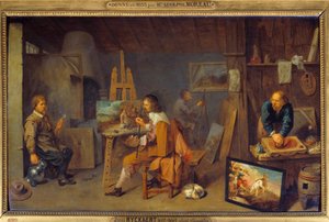 पोज़िंग मॉडल और कलर ग्राइंडर के साथ पेंटर की वर्कशॉप। डेविड III Ryckaert (1612-1661), Ec द्वारा पेंटिंग। कपट