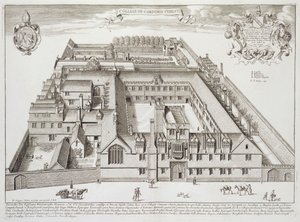 कॉर्पस क्रिस्टी कॉलेज, ऑक्सफोर्ड, 'ऑक्सोनिया इलस्ट्रेटेड' से, 1675 में प्रकाशित (उत्कीर्णन) द्वारा डेविड लोगन