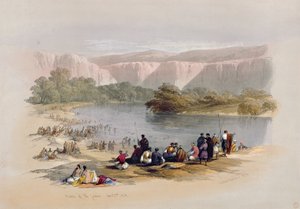 जॉर्डन के बैंक, अप्रैल 2, 1839, &39;द होली लैंड&39; के वॉल्यूम II से प्लेट 48, लुई हागे (1806-85) पब द्वारा उत्कीर्ण। 1843 द्वारा डेविड रॉबर्ट्स