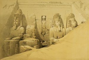 लुई सिंघे (1806-85) पब द्वारा उत्कीर्ण &39;मिस्र और नूबिया&39; के खंड II से नोबिया के महान मंदिर, अबो सिम्बल के महान मंदिर के सामने का स्थान 1849