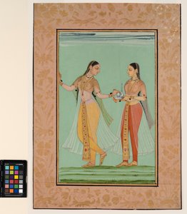 एक खड़ी महिला ने अपनी नौकरानी द्वारा एक ट्रे की पेशकश की, c.1670 (अपारदर्शी जल रंग और कागज पर सोना)