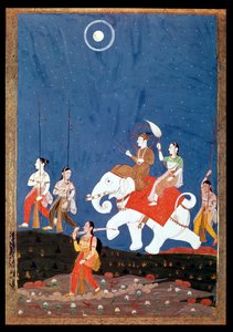 19 वीं सदी की शुरुआत में, एक सफेद हाथी पर एक भारतीय राजकुमार, संगीत विधा दीपक राग का चित्रण
