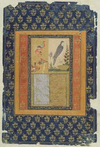 पक्षी अध्ययन और सुलेख, गोलकुंडा, आंध्र प्रदेश, 1570, (सजाया हुआ कागज के साथ कागज पर गौचे, स्याही और सोना)