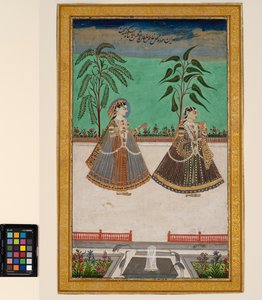 गोलकुंडा के ताना शाह के हरम से दो महिलाएं, c.1800 (अपारदर्शी जल रंग और कागज पर सोना, एक एल्बम पृष्ठ पर लगा हुआ)