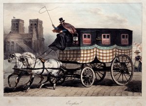 पेरिस का परिवहन: डेनिस अगस्टे रैफेट (1804-1860) द्वारा 19वीं सदी के पेरिस, मुसी कार्नावलेट द्वारा "द स्कॉटिश" लिथोग्राफी के रूप में जाना जाने वाला ऑम्निबस द्वारा डेनिस अगस्टे मैरी रैफेट