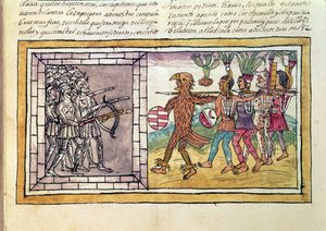 कोडेक्स डुरान: पेड्रो डी अल्वाराडो (c.1485-1541) हर्नैंडो कोर्टेस (1485-1547) के साथी-ए-हथियार, एज़्टेक योद्धाओं द्वारा घेरे