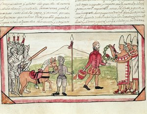 डिएगो ड्यूरन, 1579 द्वारा &39;भारतीयों का इतिहास&39; से लघु Hernando Cortes (1485-1547) और मोंटेज़ुमा (1466-1520) की बैठक की बैठक