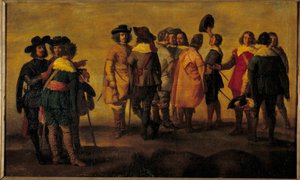 बातचीत या तेरह पात्रों की बैठक डिएगो वेलास्केज़ (1599-1660) 17 वीं शताब्दी के सूर्य के प्रतिवेश की पेंटिंग। 0,47x0,77 वर्ग मीटर द्वारा डिएगो रोड्रिग्ज डे सिल्वा y (बाद में) वेलाज़्केज़