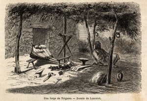 वलाचिया, रोमानिया के क्षेत्र में एक जिप्सी फोर्ज। 1860 में लैंसलॉट, ड्राफ्ट्समैन द्वारा पेरिस से बुखारेस्ट की यात्रा को चित्रित करने के लिए उत्कीर्णन, एडौर्ड चार्टन के निर्देशन में "ले टूर डू मोंडे, नोव्यू जर्नल डेस वॉयेज" में प्रकाशित हुआ। द्वारा डायडोनेन्स अगस्टे लैंसेलोट