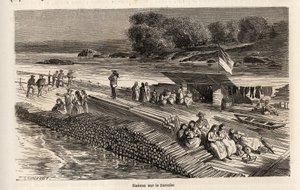 1860 में पेरिस से बुखारेस्ट तक विक्टर ड्यूरु की यात्रा को चित्रित करने के लिए लैंसलॉट द्वारा चित्रित माल और लोगों के परिवहन के लिए डेन्यूब पर एक लकड़ी का बेड़ा। एडौर्ड चार्टन द्वारा संपादित "" ले टूर डू मोंडे" में उत्कीर्णन