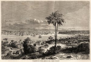 क्यूबा की राजधानी हवाना का सामान्य दृश्य, रिचर्ड डाना (1815-1882) द्वारा 1859 में क्यूबा द्वीप की यात्रा को चित्रित करने के लिए लैंसलॉट द्वारा चित्रित। "" ले टूर डू मोंडे, नोव्यू जर्नल डेस वॉयेजेस "" पेरिस में उत्कीर्णन द्वारा डायडोनेन्स अगस्टे लैंसेलोट