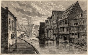 1860 में पेरिस से बुखारेस्ट तक विक्टर ड्यूरु की यात्रा को चित्रित करने के लिए, उल्म में पुरानी चर्मशोधनशालाएं, लैंसलॉट द्वारा चित्रित। एडौर्ड चार्टन द्वारा संपादित "" ले टूर डू मोंडे" में उत्कीर्णन द्वारा डायडोनेन्स अगस्टे लैंसेलोट