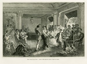 पार्टी ए सांता क्रूज़ डी नैनो। एल्फ्रेड मार्चे (1844-1898) द्वारा, एडोअर्ड चार्टन (1807-1890), हैचेट, पेरिस द्वारा निर्देशित, ले टूर डू मोंडे 1886 में, फिलीपींस में छह साल, ल्यूकोन और पलाऊन की कहानी को चित्रित करने के लिए लेंसलॉट द्वारा उत्कीर्णन। द्वारा डायडोनेन्स अगस्टे लैंसेलोट