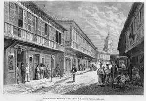 मनीला में रुए डे ल'एस्कोल्टा। एल्फ्रेड मार्चे (1844-1898) द्वारा, एडोअर्ड चार्टन (1807-1890), हैचेट, पेरिस द्वारा निर्देशित, ले टूर डू मोंडे 1886 में, फिलीपींस में छह साल, ल्यूकोन और पलाऊन की कहानी को चित्रित करने के लिए लेंसलॉट द्वारा उत्कीर्णन।