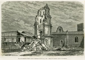 18 जुलाई, 1880 को भूकंप के बाद मनीला के कैथेड्रेल का टॉवर, लांसलेट द्वारा उत्कीर्णन, ल्युकॉन और पलाऊन की कहानी, जो कि फिलीपींस में छह साल का है, अल्फ्रेड मार्के द्वारा चित्रित किया गया है।