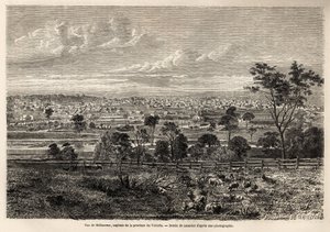 मेलबर्न (ऑस्ट्रेलिया) का दृश्य, लैंसलॉट द्वारा चित्रित, ऑस्ट्रेलिया में एक फ्रांसीसी स्क्वैटर की यादों को चित्रित करने के लिए, 1854-1859 में, एम. डी कास्टेला द्वारा। "" ले टूर डू मोंडे "" 1861 में उत्कीर्णन। सेल्वा का संग्रह। द्वारा डायडोनेन्स अगस्टे लैंसेलोट