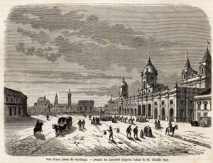 1823 में जियोवानी मस्ताई फेरेटी (1792-1878, भविष्य पायस IX) द्वारा दक्षिण अमेरिका की यात्रा को चित्रित करने के लिए लैंसलॉट द्वारा चित्रित सैंटियागो (चिली) में एक वर्ग का दृश्य। "" ले टूर डू मोंडे, नोव्यू जर्नल डेस वॉयेजेस "" पेरिस में उ द्वारा डायडोनेन्स अगस्टे लैंसेलोट