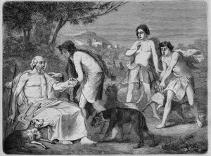 सिरोस द्वीप में होमेरे। 1864 से माइलर्ड की पेंटिंग के अनुसार उत्कीर्णन।