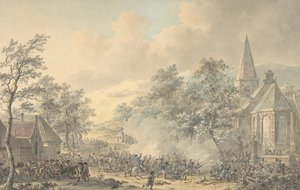 दाहिनी ओर चर्च के साथ युद्ध दृश्य, सीए। 1790-1800। द्वारा डिर्क लैंगेंडिज्क