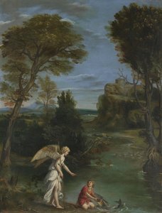 टोबियास के साथ लैंडस्केप मछली की पकड़, c.1615 (तांबे पर तेल) द्वारा Domenichino