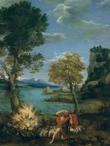मूसा और द बर्निंग बुश के साथ लैंडस्केप, 1610-16। द्वारा Domenichino