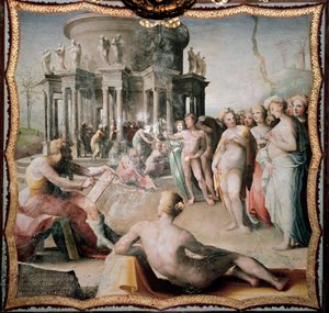 Zeuxis (या Zeuxippos, हेराक्ली के यूनानी चित्रकार, 464-398 ईसा पूर्व) ने क्रोटोन में हेरा के मंदिर के लिए हेलेन के चित्र को चित्रित किया। डोमिनिको बेकाफुमी द्वारा चित्रकारी (1486-1551)