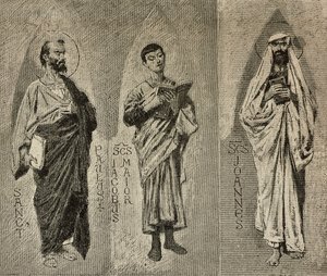 सिंट्स पॉल, जेम्स द ग्रेट और जॉन, अमाल्फी कैथेड्रल, इटली के मोज़ेक के लिए डोमिनिको मोरेली द्वारा कार्टून, पी स्कोपेट्टा द्वारा ड्राइंग, एल'इलस्ट्राज़ियोन इटालियाना से उत्कीर्णन, संख्या 42, अक्टूबर 10 द्वारा डोमनिको मोरेली