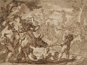 Bacchus की विजय, c.1642-1703 (कलम और भूरे रंग की स्याही और लाल कागज पर लाल चाक धोना