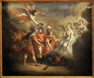 अमीन्स की शांति। ट्रेट ने 25 मार्च 1802 को यूनाइटेड किंगडम और उसके सहयोगियों के बीच एक ओर ओटोमन साम्राज्य और दूसरी ओर फ्रांस, स्पेन और हॉलैंड के बीच हस्ताक्षर किए। पेंटिंग में नेपोलियन I बोनापार्ट को दर्शाया गया है, जिसे तुरही बजाने वाले एक देवदूत ने ताज प