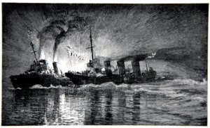 HMS ब्रोक जर्मन विध्वंसक की भूमिका निभाते हुए, गॉर्डन एस। मैक्सवेल, 1920 द्वारा &39;द नेवल फ्रंट&39; का चित्रण