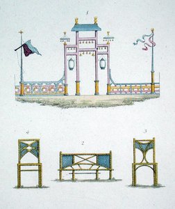चीनी गेट और गार्डन सीट्स, जी. वैन लार द्वारा 'मैगजीन ऑफ गार्डन जेम्स' से, 1802 प्रकाशित (कलर लिथो) द्वारा डच स्कूल