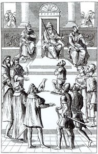 ट्रिब्यूनल से पहले संशोधन के लिए स्वीकारोक्ति, जोक्स डे डमहोल्डर (1507-81) द्वारा प्रॉक्सिस रेरम क्रिमिनियम में एक वुडकट के बाद एंटवर्प, 1556 द्वारा डच स्कूल