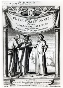 गैलीलियो ने विश्व की बातचीत प्रणाली के frontispiece (1564-1642), लिदेन में, 1635 में प्रकाशित द्वारा डच स्कूल